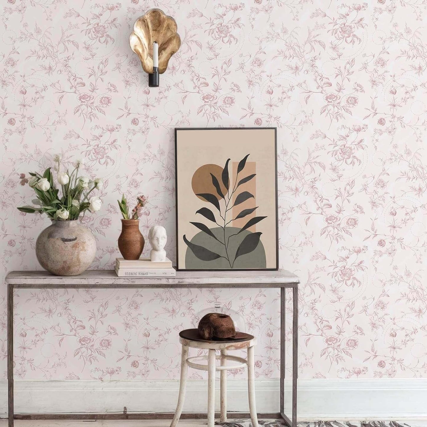 Ismoon Peel and Stick Wallpaper Floral Vintage Stick on Wall Paper Beige French Textured Contact Paper for Cabinet Removable Self Adhesive Wallpaper Vinyl Roll Shelf Deco, 17.3x78.7in