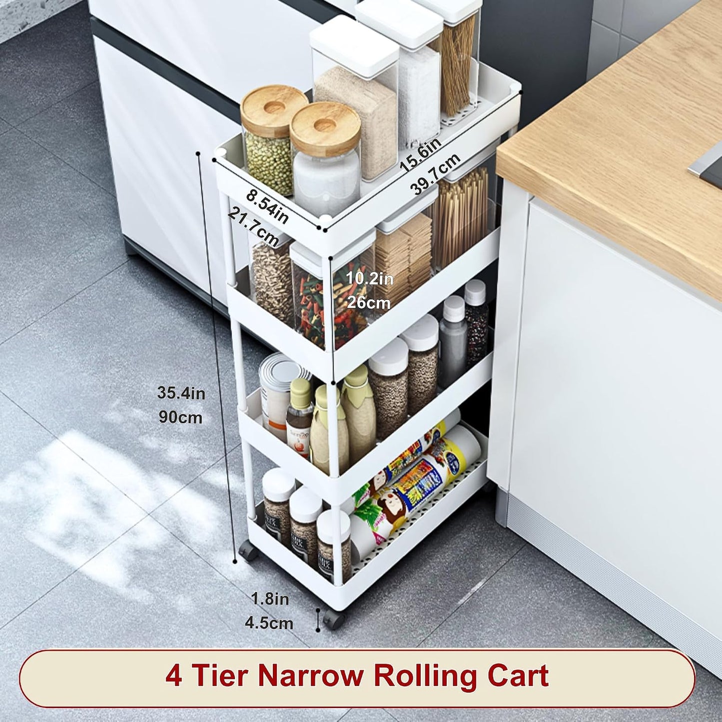 Slim Storage Cart with Wheels Lockable, 4 Tier Narrow Rolling Cart, Hooks and Basket, Multi Cart Organizer for Kitchen Bathroom Laundry Bedroom Office