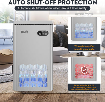 ToLife Dehumidifier for Home 95 OZ Water Tank, 1000 sq.ft Dehumidifiers for Basement Bedroom Bathroom with Auto Shut Off 7 Colors LED Light, Grey
