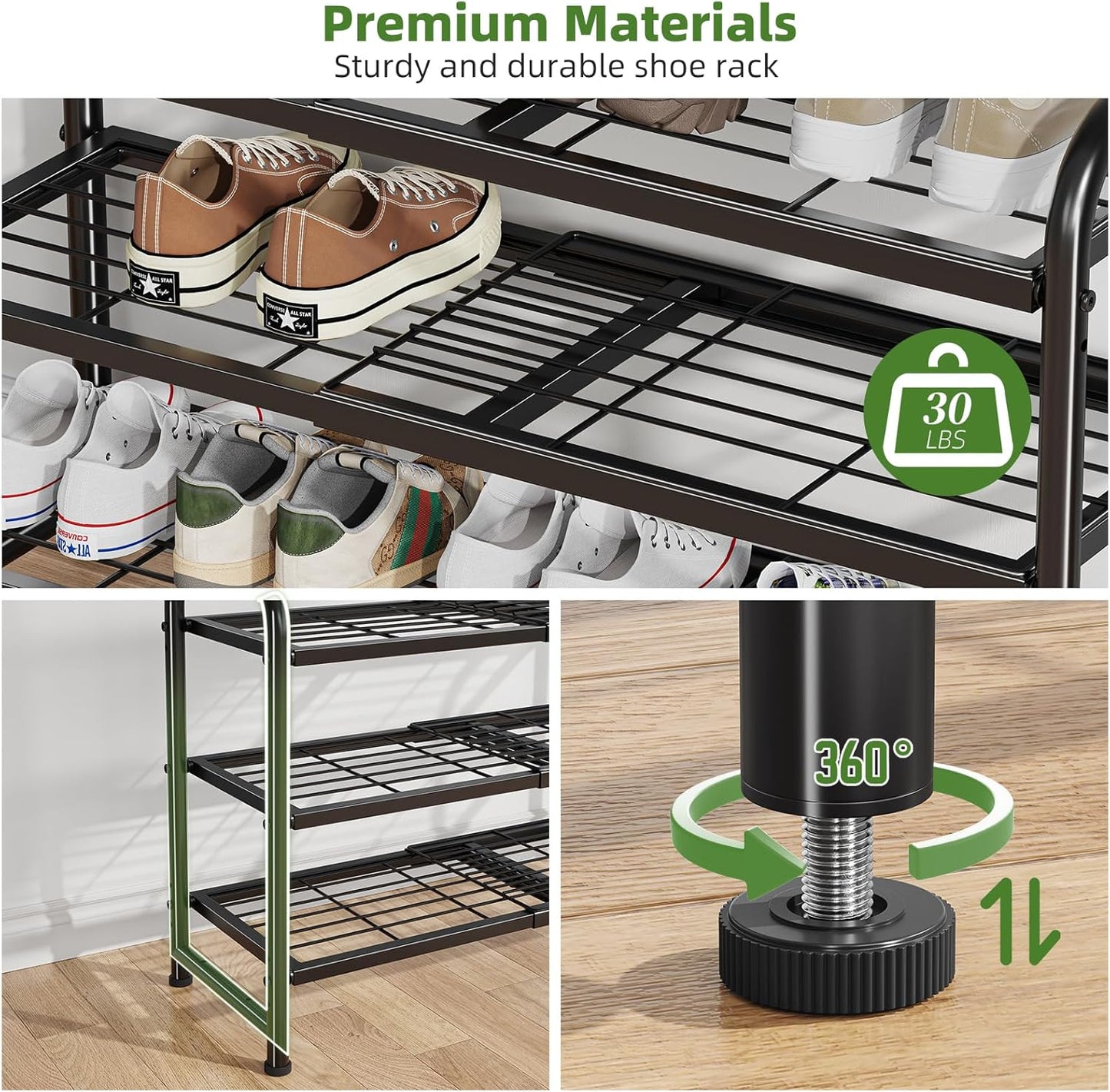 Simple Trending 3-Tier Stackable Shoe Rack, Expandable & Adjustable Shoe Shelf Storage Organizer, Wire Grid, Black