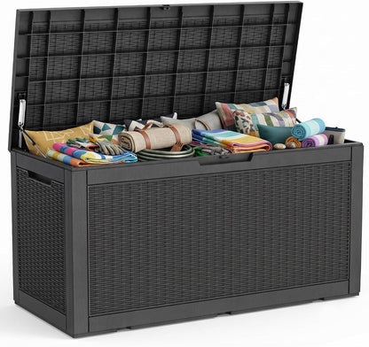 PatioZen 100 Gallon Resin Deck Box, Lockable Patio Outdoor Storage Box for Furniture, Garden Tools and Tools Storage, Waterproof Outside Storage Boxes - Black