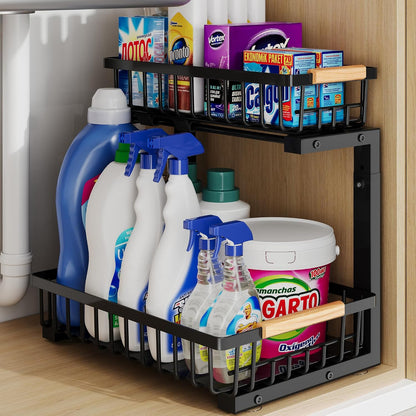 Under Sink Organizer Storage for Families: Pull Out Storage Undersink Organizers Drawer Cabinet - Sliding 2 Tier Rack Metal Organization Under Counter Kitchen Bathroom for Homemakers(White,1 Pack)