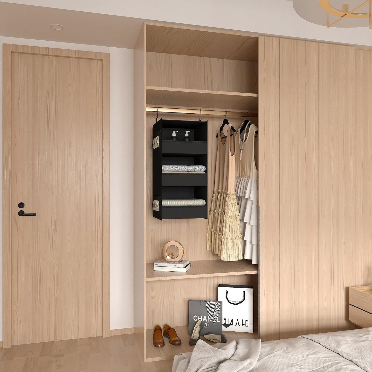 3-Shelf Hanging Closet Organizer, Washable Foldable Storage, Dark Gray | Front lip keeps items secure; side pockets add room; Oxford fabric handles towels, shirts, baby items, dorms, RVs or travel.