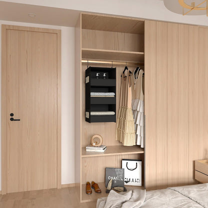 3-Shelf Hanging Closet Organizer, Washable Foldable Storage, Dark Gray | Front lip keeps items secure; side pockets add room; Oxford fabric handles towels, shirts, baby items, dorms, RVs or travel.