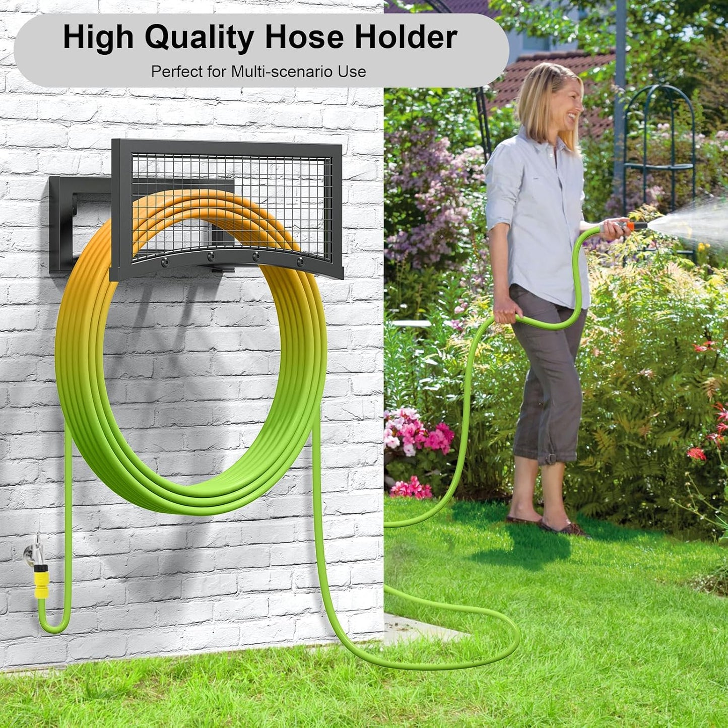 Garden Hose Holder Wall Mount, Heavy Duty Metal Water Hose Rack for Outside, Holds Up to 150FT, Storage Organizer, Easy Install, Black