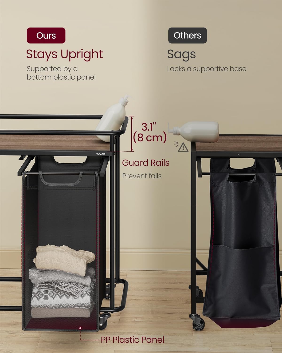 VASAGLE Laundry Sorter, Laundry Hamper with Wheels, 39.6 Gal. (150 L) Portable Rolling Cart Baskets with Shelf, 3 Removable Liners and 6 Labels, Ink Black and Chestnut Brown UBLH103BH01