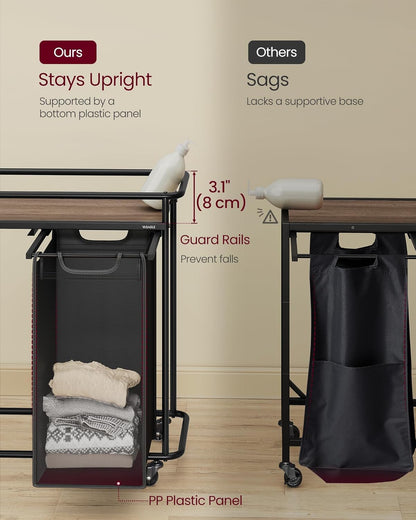 VASAGLE Laundry Sorter, Laundry Hamper with Wheels, 39.6 Gal. (150 L) Portable Rolling Cart Baskets with Shelf, 3 Removable Liners and 6 Labels, Ink Black and Chestnut Brown UBLH103BH01