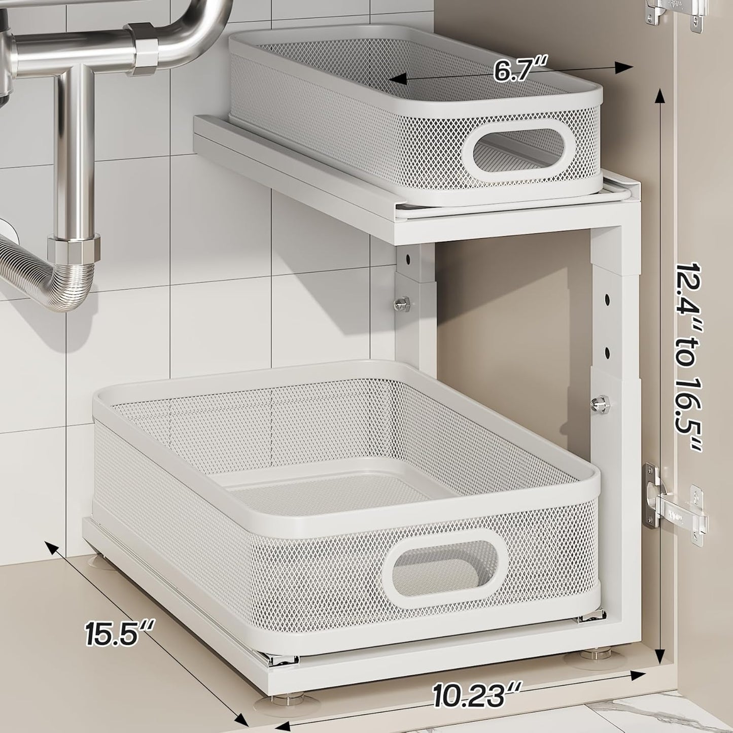 2 Pack 18.5IN-Depth Under Sink Organizer With Next-Gen Ball-Bearing Slides,2-Tier Precision Mesh Pull Out Cabinet Storage for Bathroom&Kitchen,Height Adjustable Drawers Shelf,Anti-rust-White