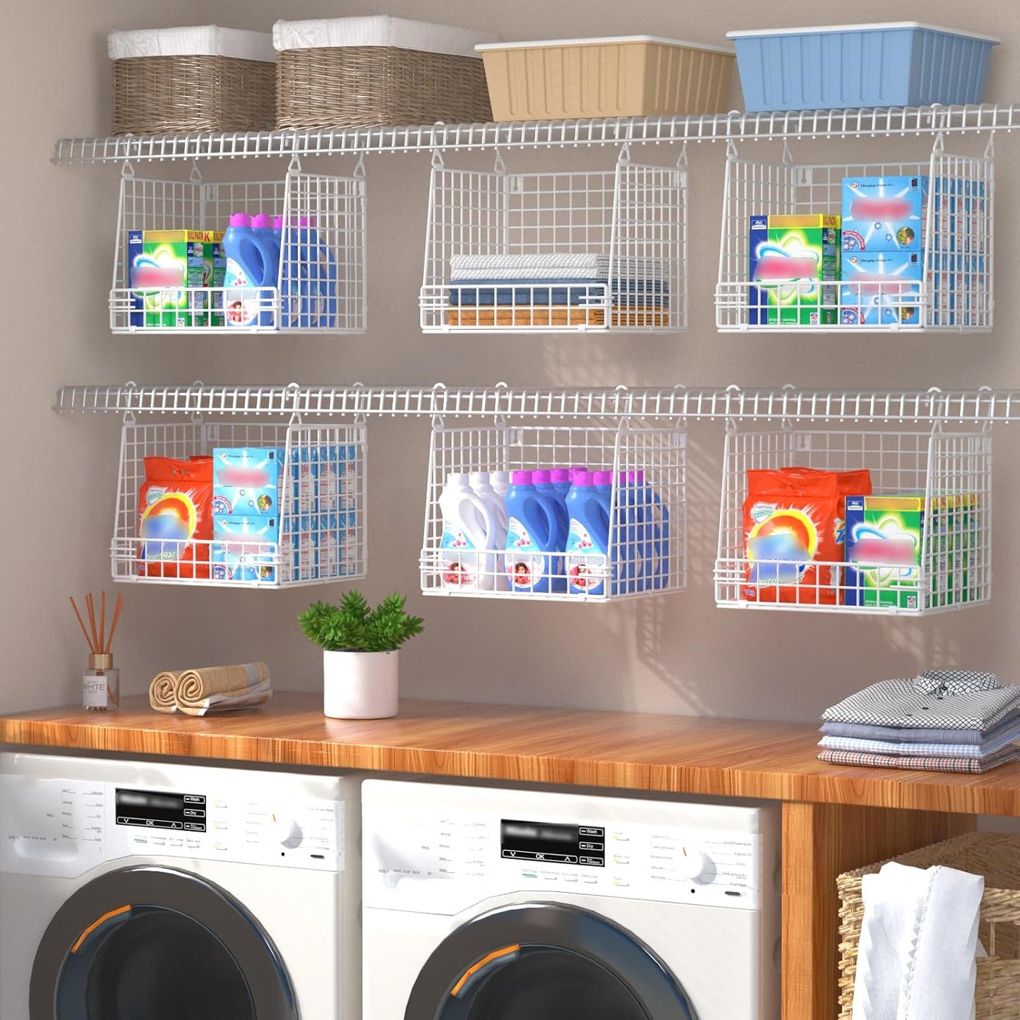 PUPPYCUTE 3-Pack Laundry Room Organization and Storage, Hanging Wire Basket for Laundry with 360°Rotating Hooks, Over Washer and Dryer Shelves, Laundry Organizers and Storage Basket, White