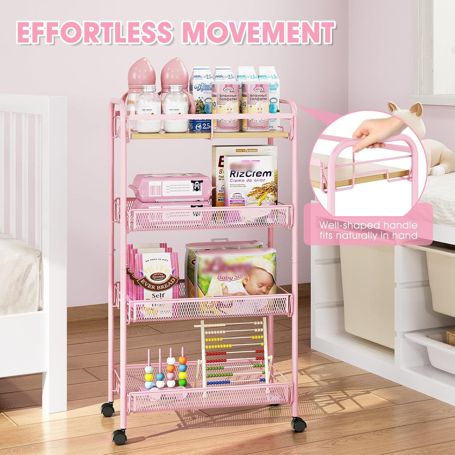 TOOLF 4-Tier Slim Rolling Cart, Metal Utility Cart, Slide Out Storage Cart with Wooden Tabletop and Mesh Baskets for Narrow Space on Kitchen Bathroom Laundry Room Bedroom Apartments Dormitory
