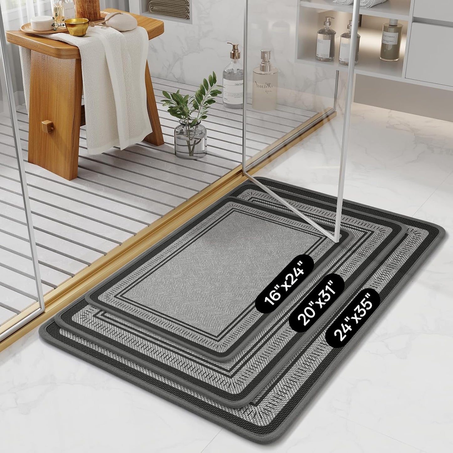 Non Slip Bath Mat with Rubber Backing, Absorbent Quick Dry Bath Rugs Washable, Thin Bathroom Rugs Fit Under Door for Bathroom Floor, Shower and Sink, 16"×24", Grey