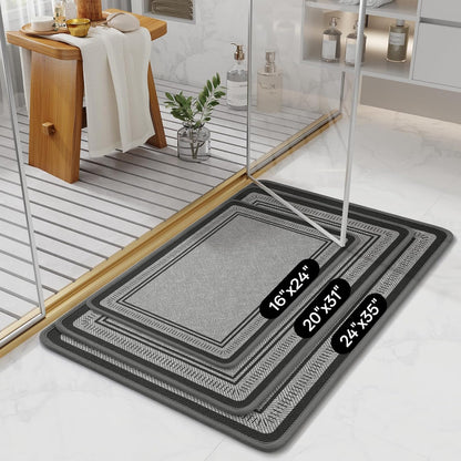 Non Slip Bath Mat with Rubber Backing, Absorbent Quick Dry Bath Rugs Washable, Thin Bathroom Rugs Fit Under Door for Bathroom Floor, Shower and Sink, 16"×24", Grey