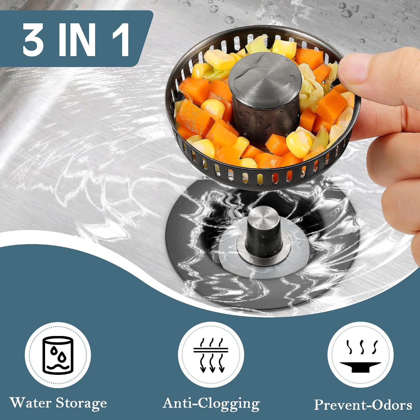 Sink Drain Strainer 3 in 1, 304 Stainless Steel Pop Up Kitchen Sink Stopper with Anti-Clogging Basket, Kitchen Essential Drain Anti-Clog Gadgets, Fits US Standard 3-1/2'' Sink Drain (SUS 304 Brushed)
