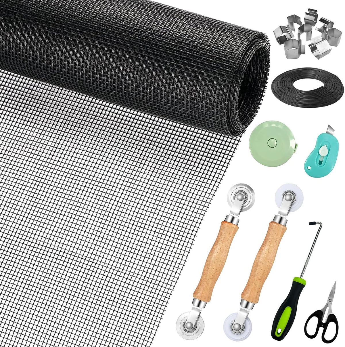 Window Screen Replacement,Screen Door Repair Kit, 48"x178" Black Window Screen Mesh,Including 50 FT Splines+Hooks+2 Rollers+8 Clips+Scissors+Knife+Tape Measure,Fully Equipped Window Screen Repair Kit