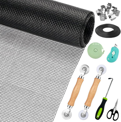 Window Screen Replacement,Screen Door Repair Kit, 48"x178" Black Window Screen Mesh,Including 50 FT Splines+Hooks+2 Rollers+8 Clips+Scissors+Knife+Tape Measure,Fully Equipped Window Screen Repair Kit