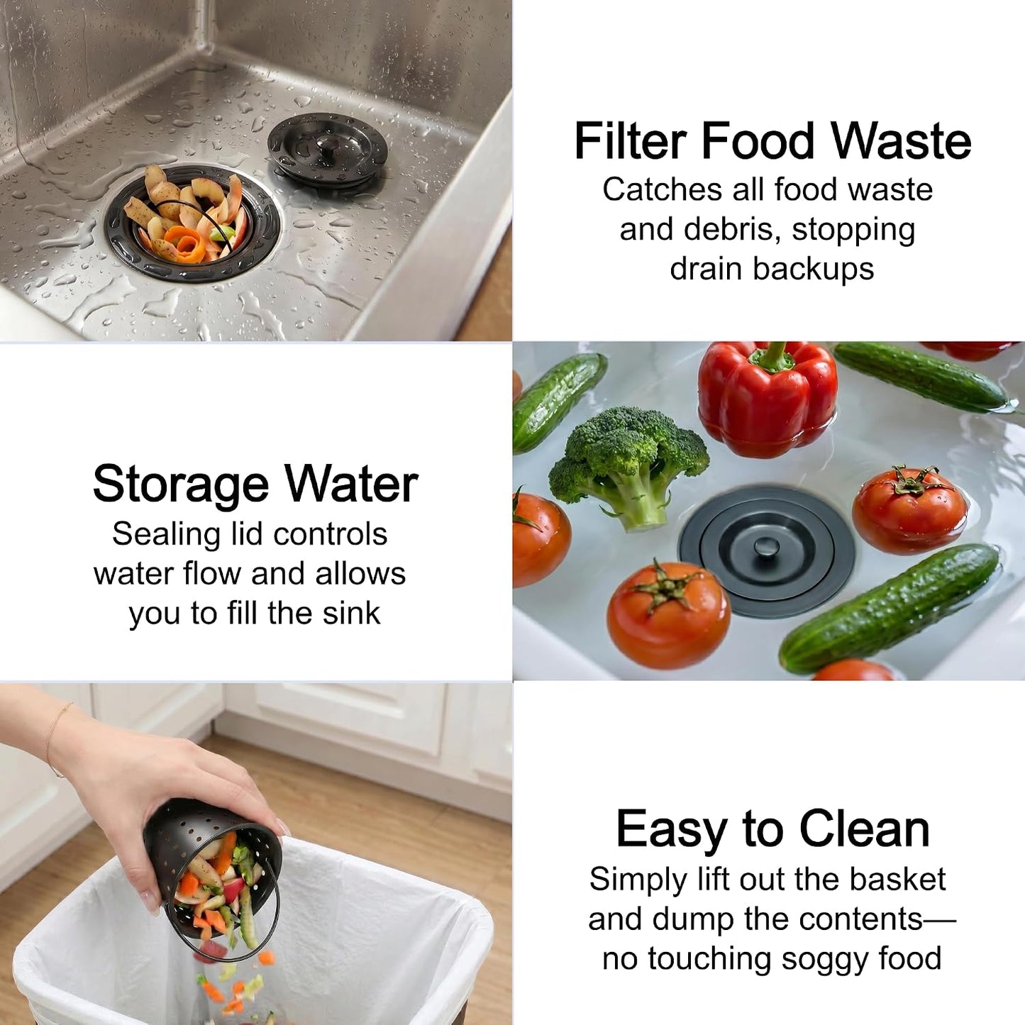 LQS Kitchen Sink Drain Assembly, Kitchen Sink Strainer with Deep Removable Waste Basket, Stainless Steel Sink Basket Strainer with Drain Assembly for 3-1/2-inch Sink Opening Size (Black)