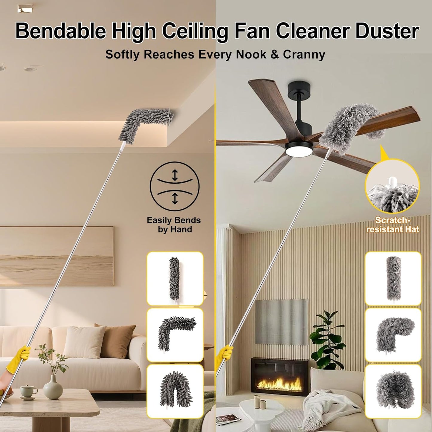 Tiumso Dusters for Cleaning,Microfiber Feather Duster 5-in-1 Kit, Duster with Extension Pole 100 Inches, Cobweb Duster, Microfiber Dusters for High Ceilings and Fans, Blinds and Cars