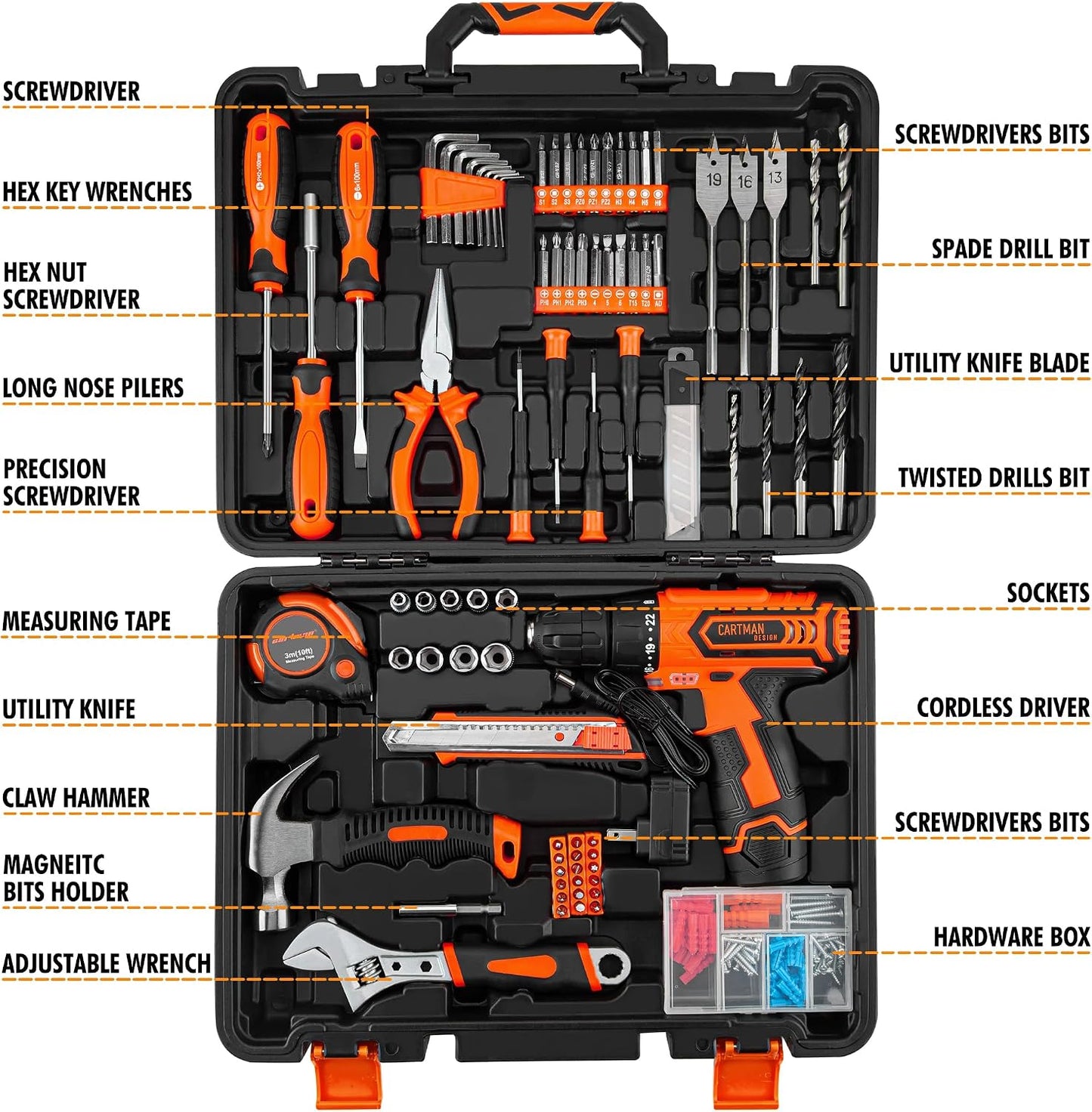 CARTMAN Orange 198-Piece 12V Cordless Drill Tool Combo Kit | Complete DIY repair tools for home, office & garden maintenance, professional household tool set with robot style storage box