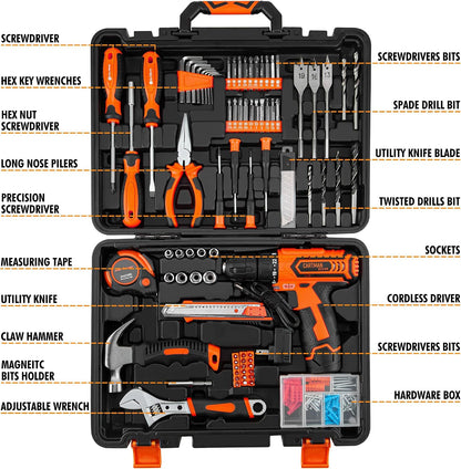 CARTMAN Orange 198-Piece 12V Cordless Drill Tool Combo Kit | Complete DIY repair tools for home, office & garden maintenance, professional household tool set with robot style storage box