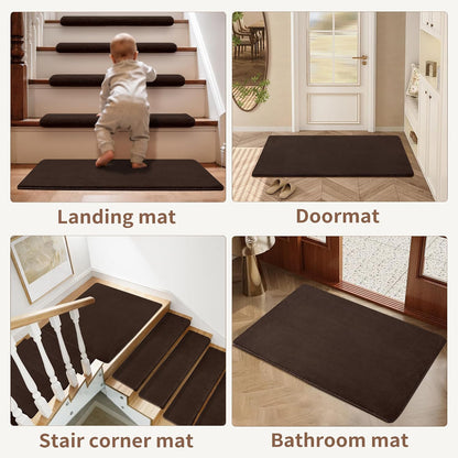 Bullnose Stair Treads Non Slip 9.5" x 32", 14 Pcs Ultra Plush Carpet Stair Treads for Wooden Steps Indoor with Edge Protection, Reusable Peel and Stick TPU Backing Stair Runner Rugs - Beige Gray