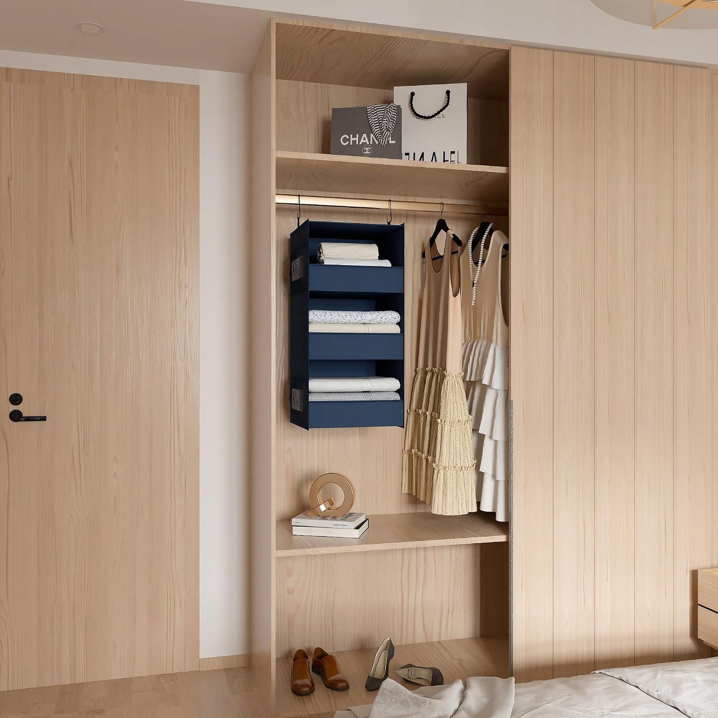 3-Shelf Hanging Closet Organizer, Washable Foldable Storage, Dark Gray | Front lip keeps items secure; side pockets add room; Oxford fabric handles towels, shirts, baby items, dorms, RVs or travel.