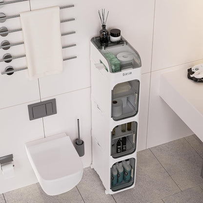 BINSIO 3-Tier Slim Bathroom Storage Cabinet for Toilet Side, Toilet Paper Storage Organizer, Narrow Rolling Bathroom Storage Cabinet with Transparent Doors for Small Space, Foldable Easy Assembly