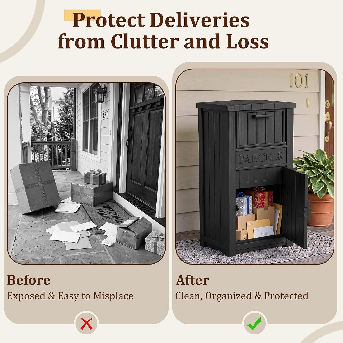 Outdoor Storage Box, 90 Gallon Package Delivery Boxes for Outside, with Lockable Secure, Deck Box Outdoor Waterproof for Entryway, Front Porch, Backyard, Garden, Patio, Lawn, Black