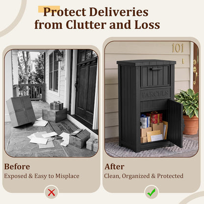 Outdoor Storage Box, 90 Gallon Package Delivery Boxes for Outside, with Lockable Secure, Deck Box Outdoor Waterproof for Entryway, Front Porch, Backyard, Garden, Patio, Lawn, Black