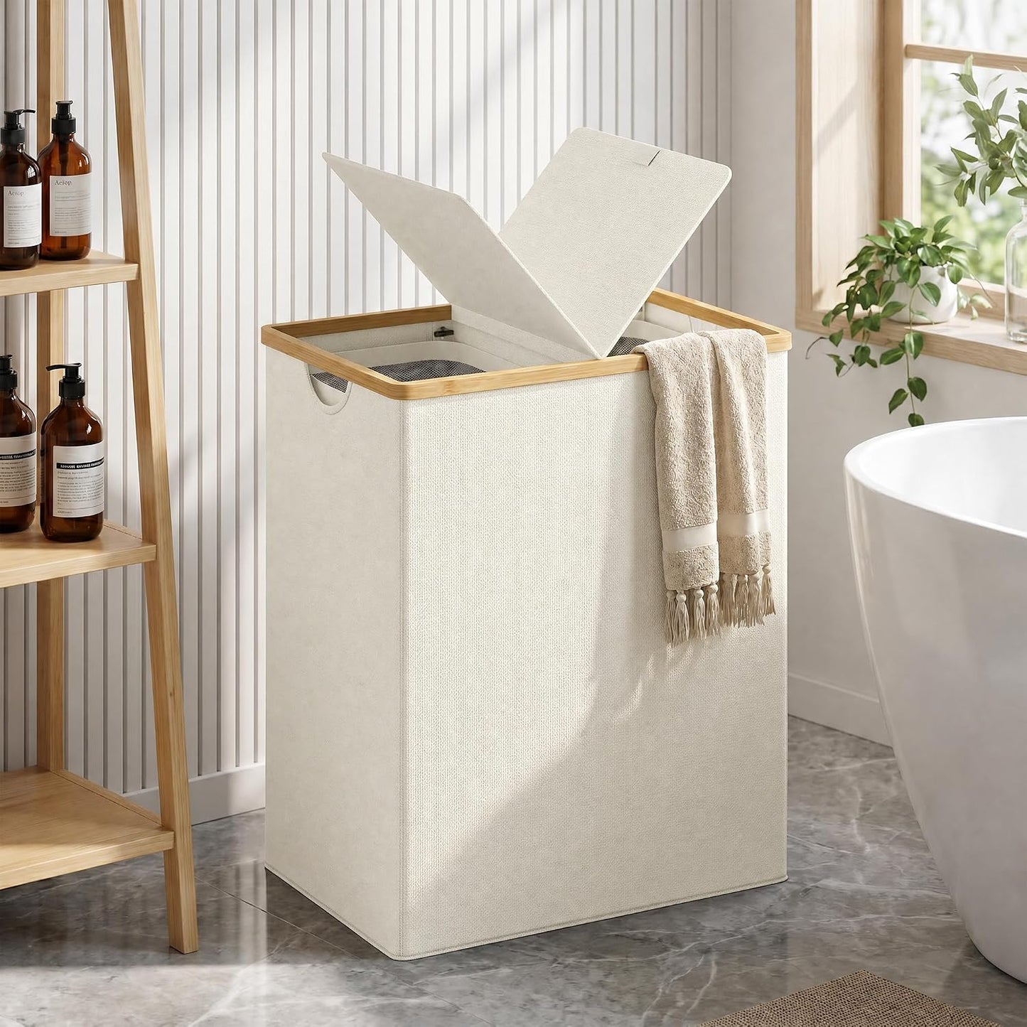 efluky Laundry Hamper with Lid, Trio Laundry Basket with 2 Removable Bags, 3 Section Laundry Bin with Bamboo Handles for Bathroom, Bedroom & Laundry Room, 160L (42.3 Gallon) Beige