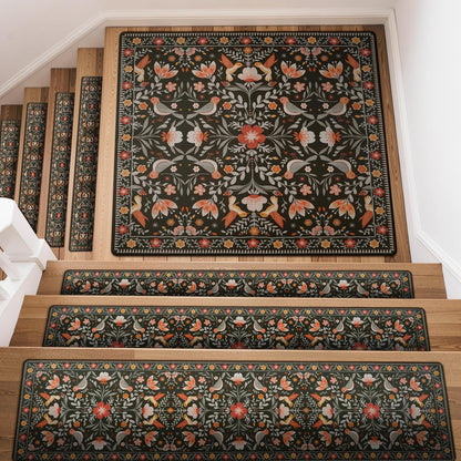 OJIA Floral Stair Treads Non-Slip Stair Runner for Wooden Steps Indoor 15PCS 30"x8" Carpet Stair Treads Stair Mats Staircase Step Treads for Kids, Elders and Dogs, Stair Covers, Black