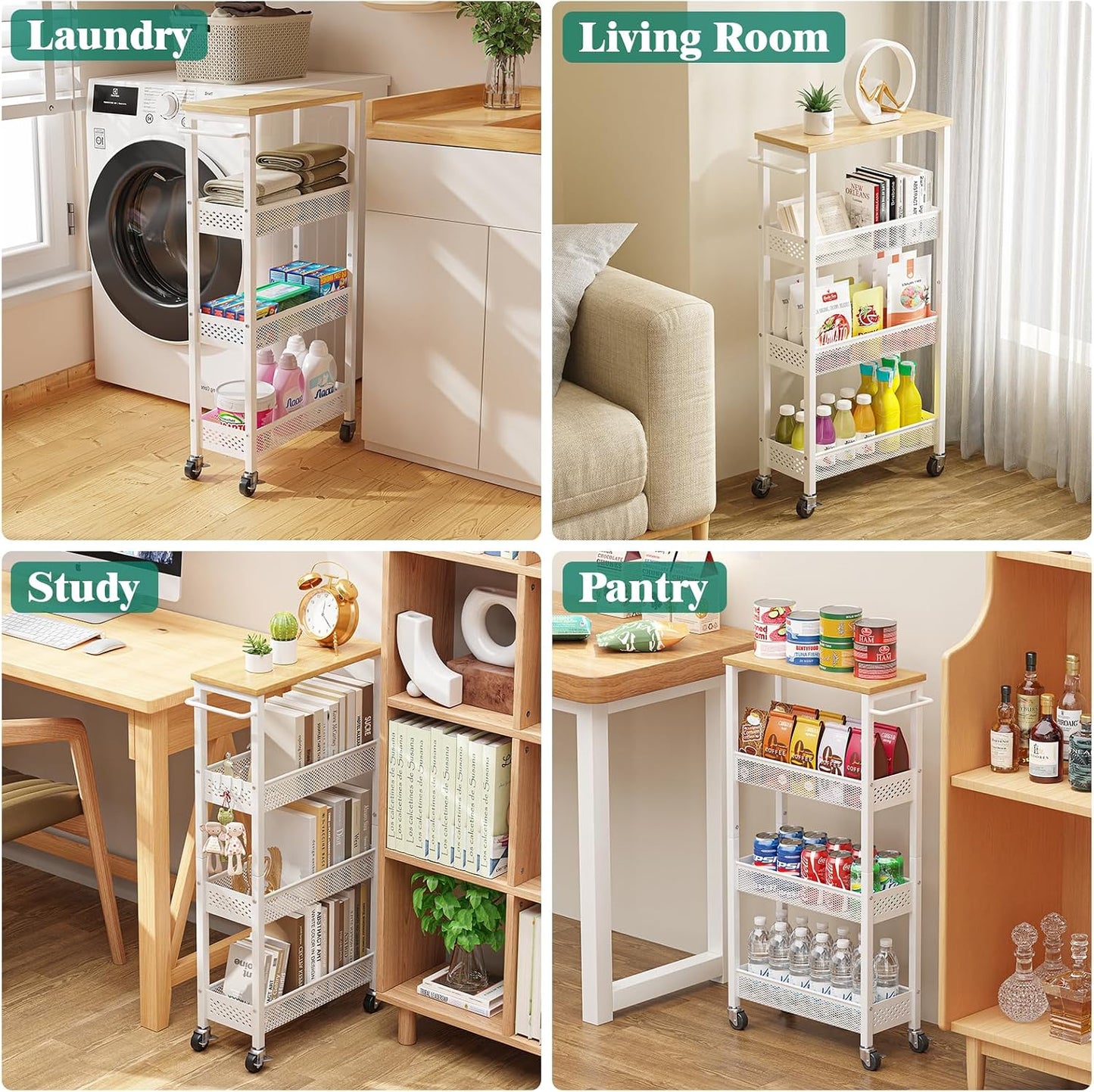Giwil Slim Storage Cart 5 Tier Narrow Kitchen Rolling Cart on Wheels for Small Space, Metal Utility Cart Narrow Bathroom Storage Cabinet Mobile Shelf Unit Organizer with Wood Top and Handle, Black