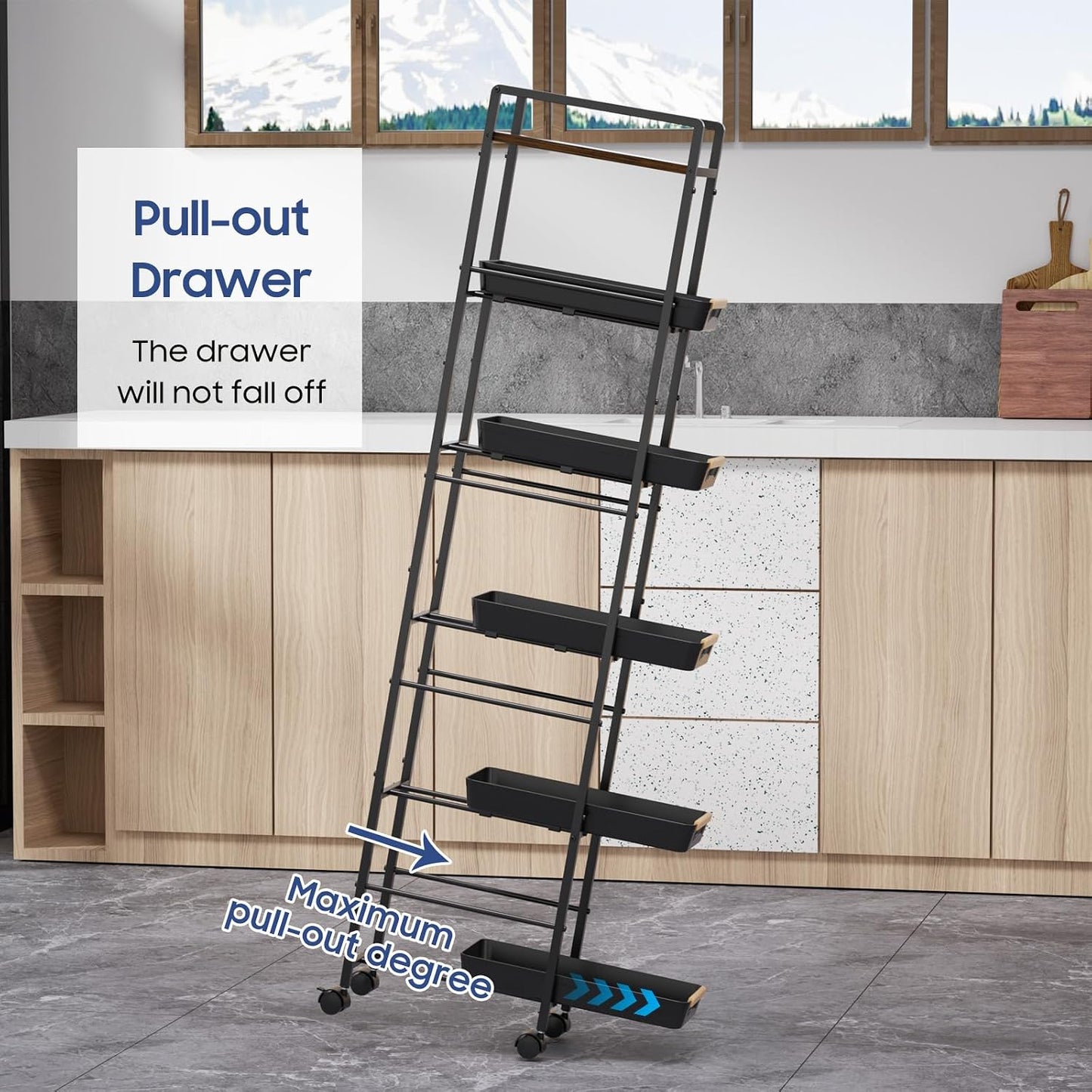 6 Tier Slim Storage Cart with Pull-Out Baskets Rolling Cart with Wheels Wood Top Narrow Utility Cart Metal Shelving Units for Pantry Laundry Room Bathroom Kitchen White 8in(W)