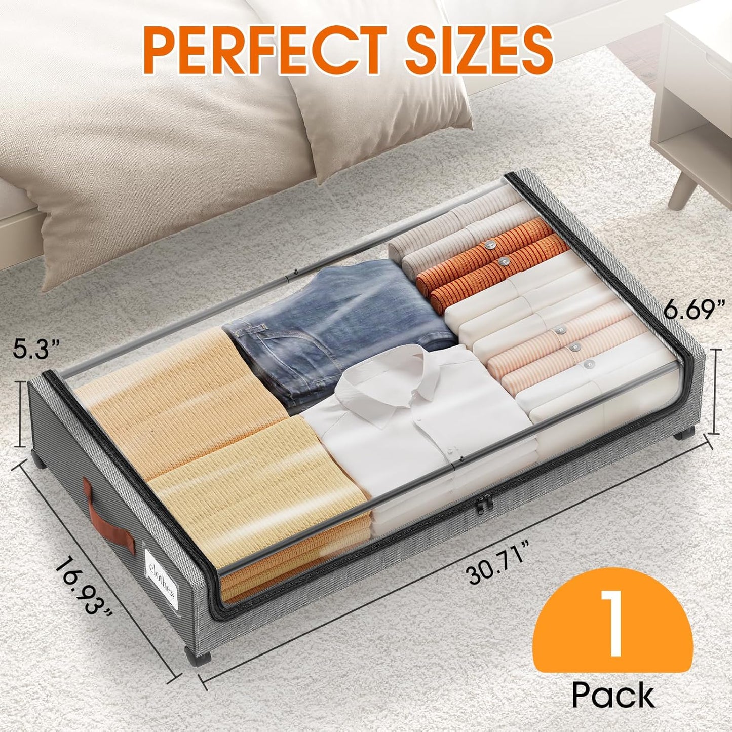 SpaceHacks Under Bed Storage with Wheels 2Pack Storage Containers with Clear Window&Label Under Bed Drawers Rolling Under Bed Storage for Clothes,Shoes, Blankets (30.71 x 16.93 x 6.69 in, Dark Grey)