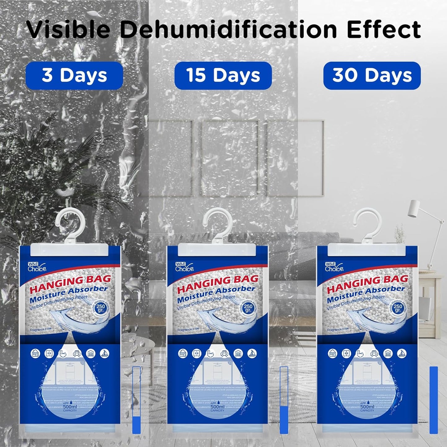 W&E Choice Hanging Moisture Absorbers Hanging Bag for Your Closet, Dehumidifier Bags for Bathroom, Unscented Humidity Pack for Car and RV, 10 Pack