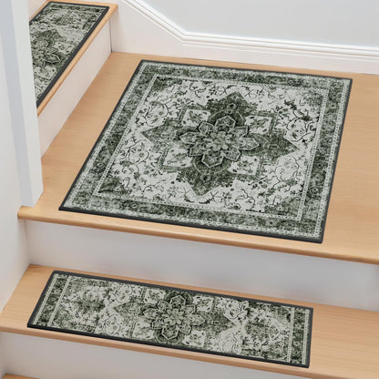 Non-Slip Carpet Stair Treads 15PCS, 8"x30" Peel and Stick Stair Runner for Wooden Steps Indoor, Washable Reusable Adhesive Backing, Pet-Friendly Safety Mats for Kids, Elders, Dogs