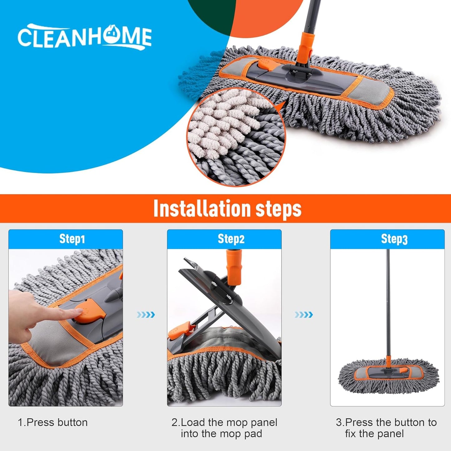CLEANHOME Microfiber Dust Mop Replacement Pads for Hardwood Floor Cleaning, Washable and Reusable Chenille Mop Pads 3 Packs