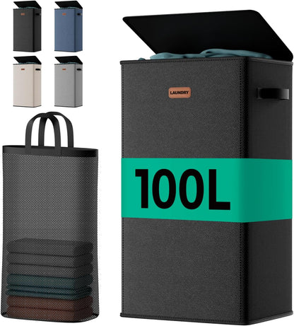 150L 2-Section Laundry Hamper with Lid – Removable Bag, Double Compartment Clothes Hamper for Bathroom, Bedroom, Dorm & Laundry Room