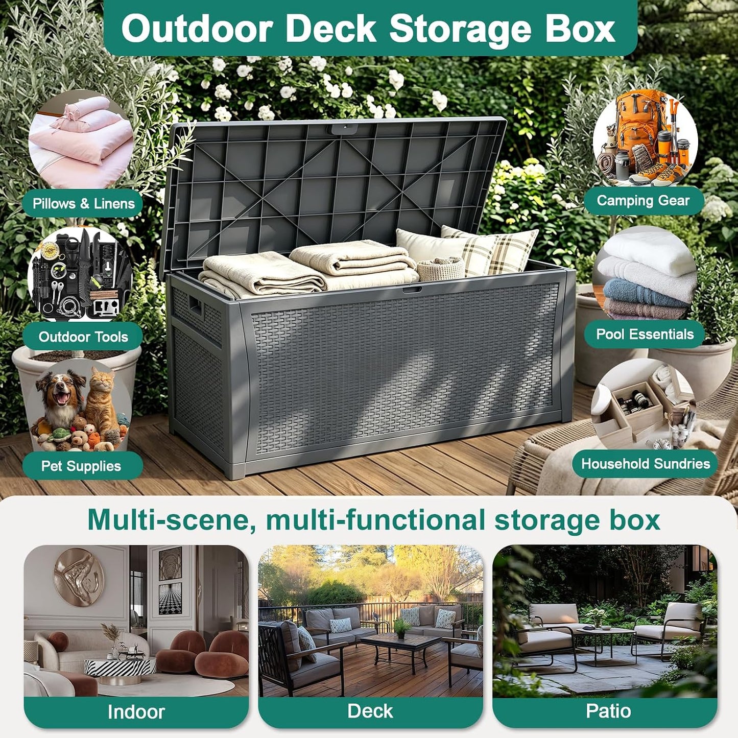 EHHLY Outdoor Storage Box Large-120 Gallon Deck Box with Hydraulic Pistons&Lockable Secure, Waterproof Resin Package Delivery Box for Outside Porch, Curbside, Patio, Home