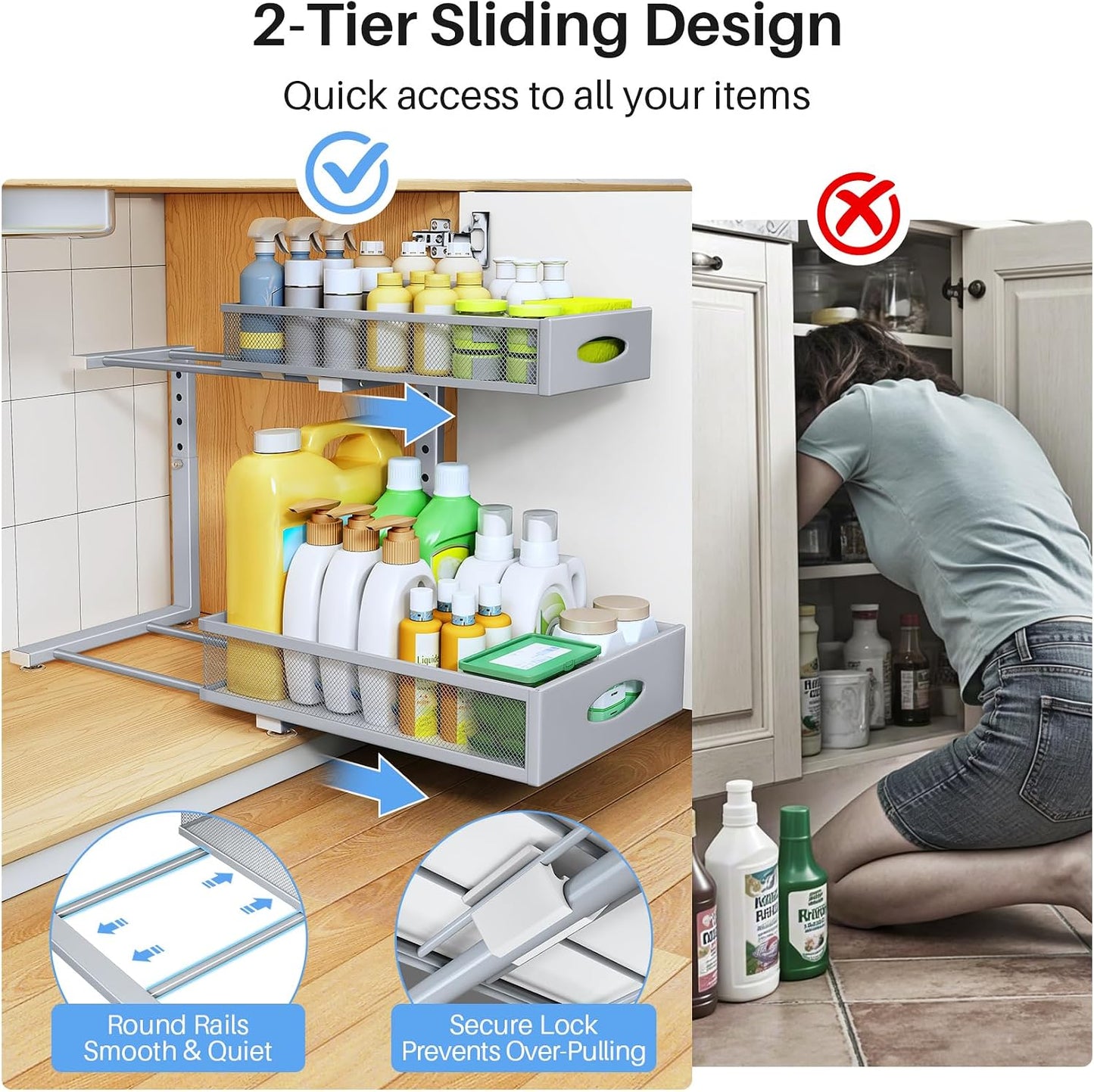Under Sink Organizer, 2 Pack 2 Tier Pull Out Under Cabinet Organizer Shelf with Pad for Framed Cabinets, Metal Slide Out Under Sink Storage, Mesh Sliding Drawers for Kitchen Bathroom Laundry, Black