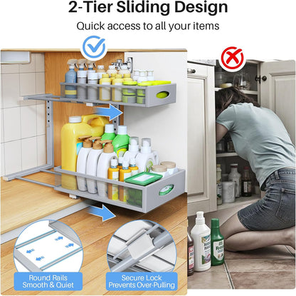 Under Sink Organizer, 2 Pack 2 Tier Pull Out Under Cabinet Organizer Shelf with Pad for Framed Cabinets, Metal Slide Out Under Sink Storage, Mesh Sliding Drawers for Kitchen Bathroom Laundry, Black