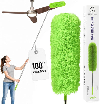 Gütewerk Extendable Microfiber Duster, 55 Inch - Feather Dusters for Cleaning Ceiling Fans, Blinds, Baseboards & High Ceilings - Washable, Electrostatic, 360° Bendable Head, Stainless Steel Pole