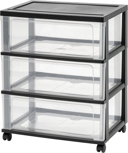 IRIS USA Plastic Drawer Storage Organizer Rolling Cart, with Wheels Casters, 3-Drawers, for Art Craft Supplies Bathroom Dorm Bedroom Laundry Room, Wide, White