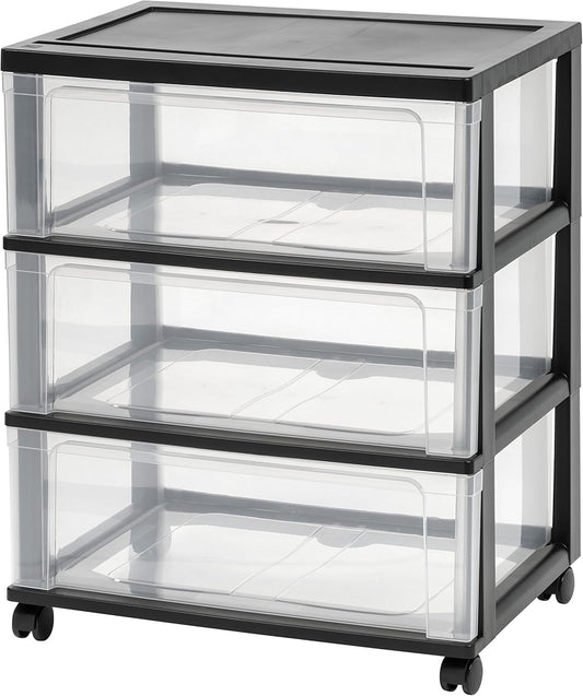 IRIS USA Plastic Drawer Storage Organizer Rolling Cart, with Wheels Casters, 3-Drawers, for Art Craft Supplies Bathroom Dorm Bedroom Laundry Room, Wide, White