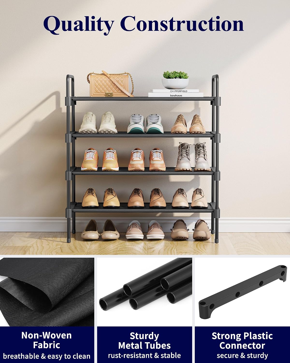 Kitsure Shoe Rack, 39" Wide Extra-Long Shoe Organizer, 3-Tier, Black | Closet, Front Door Entrance, Entryway, Stackable & Detachable Shelf, Closet Organizers and Storage