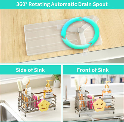 HapiRm Sponge Holder for Kitchen Sink - Self-draining Sink Caddy with Brush and Dishcloth Holders, Stainless Steel Kitchen Countertop Organizers and Storage Essentials - Black