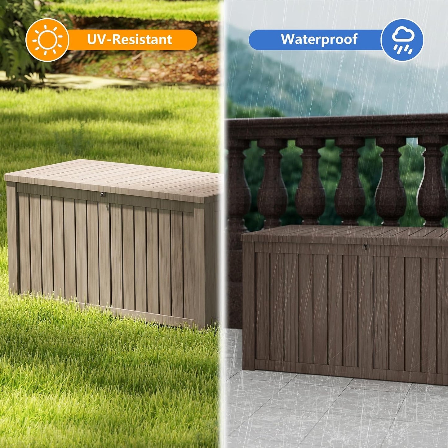200 Gallon Deck Boxes Outdoor Waterproof, Outdoor Storage Box with Lockable Lid & UV-Resistant for Patio Furniture, Outdoor Cushions, Garden Tools and Pool Supplies, Light Brown