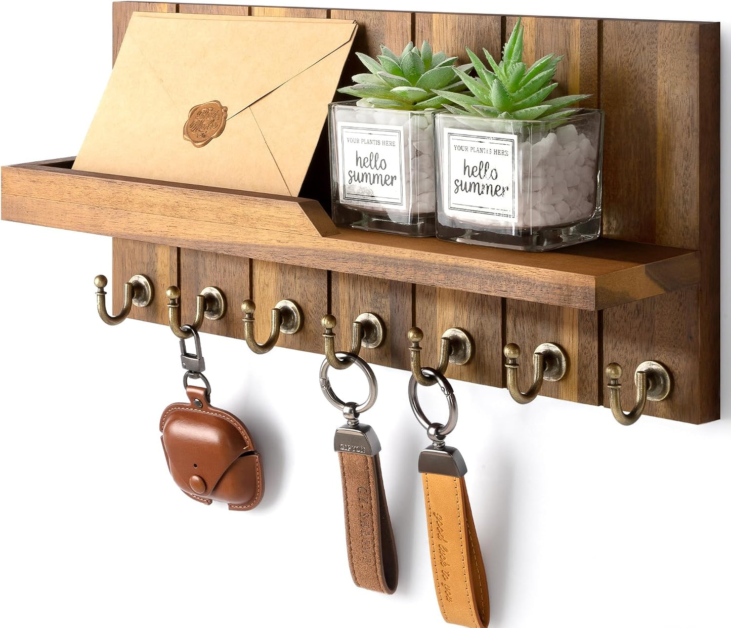 Rebee Vision Decorative Key Holder Wall Mount - Rustic Key Holder for Wall with Shelf and Mail Organizer for Living Room Decor - Home Essentials for Home Improvement (Brown, 3.54" x 10" x 7.28")