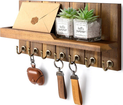 Rebee Vision Decorative Key Holder Wall Mount - Rustic Key Holder for Wall with Shelf and Mail Organizer for Living Room Decor - Home Essentials for Home Improvement (Brown, 3.54" x 10" x 7.28")
