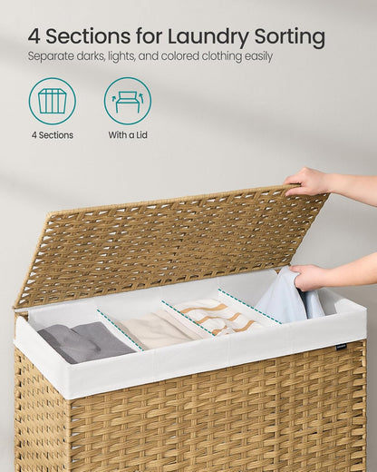 SONGMICS Laundry Hamper with Lid, 37 Gallons (140 L), Rolling Laundry Basket with Wheels, 3-Section Synthetic Rattan, Removable Liner, Bedroom, 26 x 13 x 26 Inches, Gray ULCB363G01