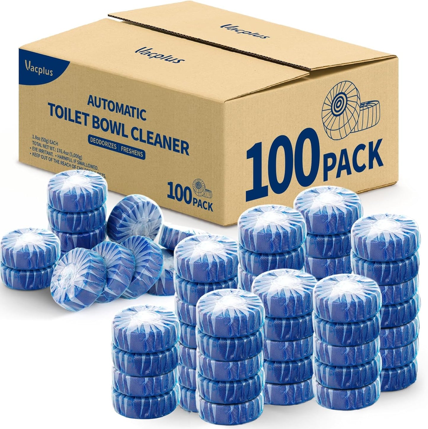 Vacplus Automatic Toilet Bowl Cleaner Tablets, Drop-In Tank Cleaner for Bathroom, Prevent Stains & Deodorize, Long-Lasting Cleaning Tabs, Easy-Use Freshener for Bowl & Tank, 12 Pack